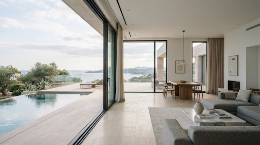 Modern living space with expansive sliding glass doors opening to a pool and ocean view, showcasing premium aluminum window systems.